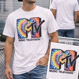 MTV White Tee with Rainbow Tie-Dye Logo